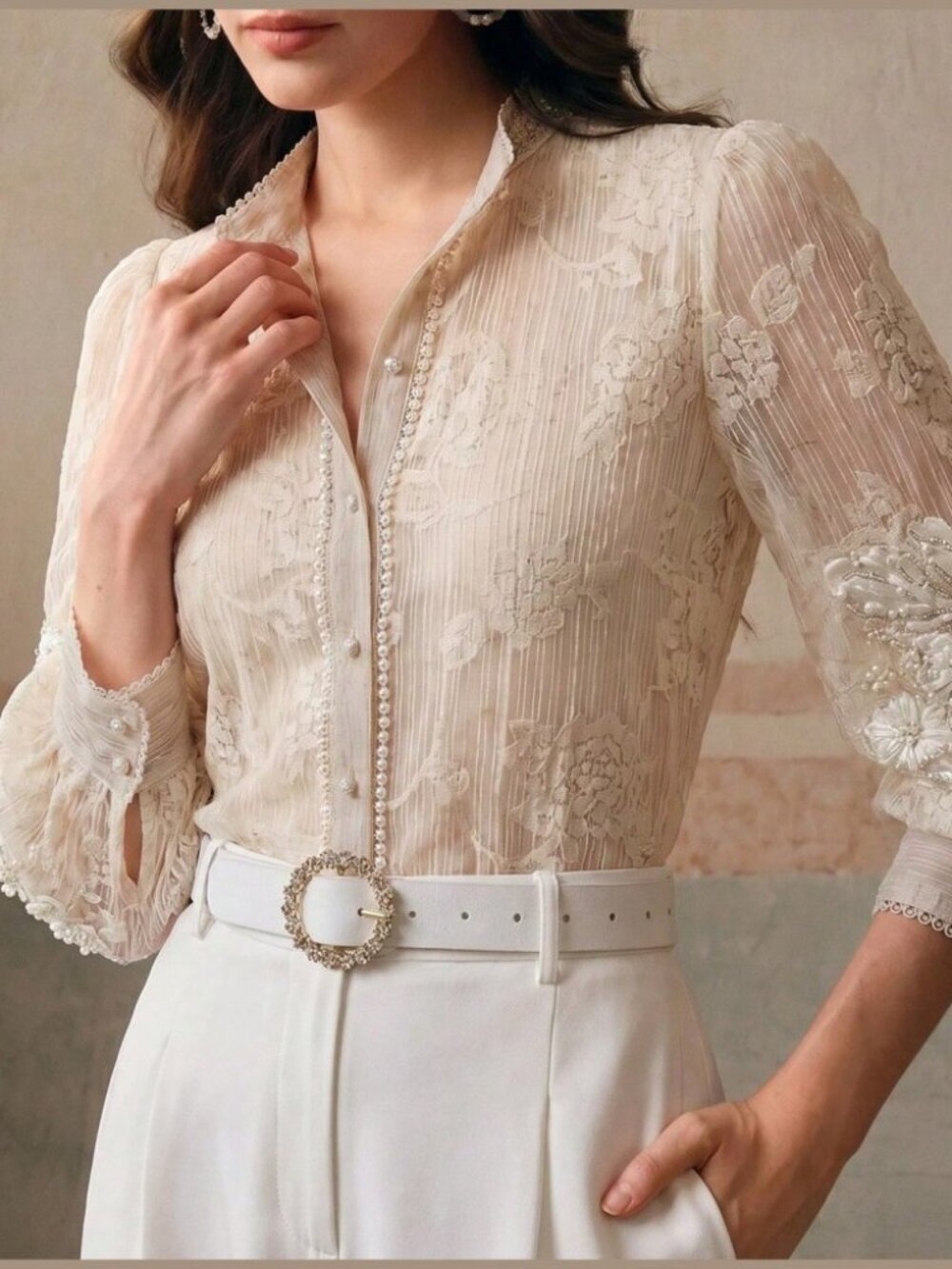 Cream Lace Beaded Floral Applique Bishop Sleeve Stand Collar Sheer Blouse